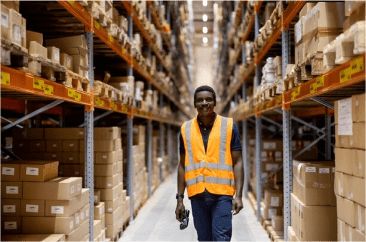 A man in an orange vest is walking through the aisle of a warehouse.